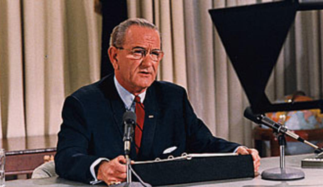 Lyndon B. Johnson speaks to nation on TV on March 31, 1968, announcing a bombing halt in Vietnam and his intention not to run for re-election.