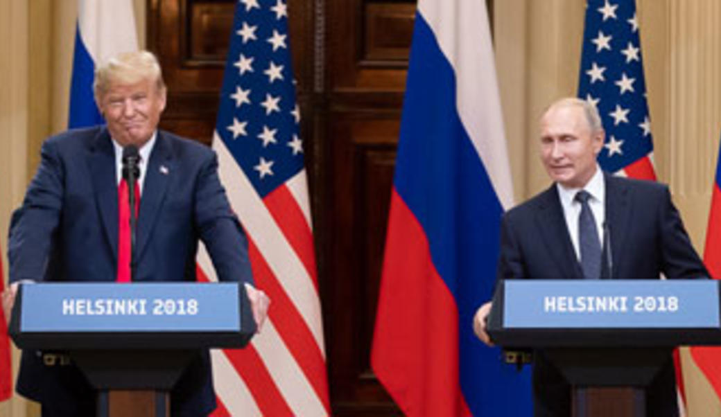 Donald Trump and Vladimir Putin at lecterns