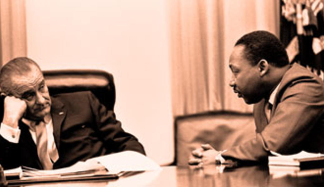 Lyndon Johnson talking to Martin Luther King Jr, orange tint