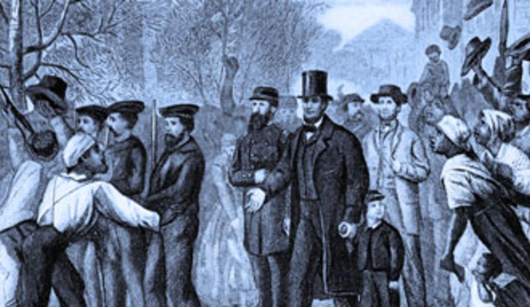 Lithograph: Lincoln enters Richmond, blue tint