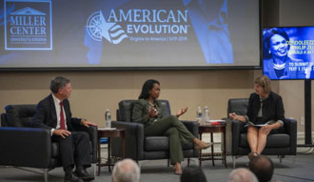 philip zelikow, Condoleezza rice, and Ann Compton on stage