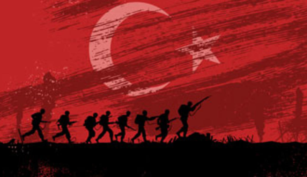 drawing of silhouetted soldiers against Turkish flag