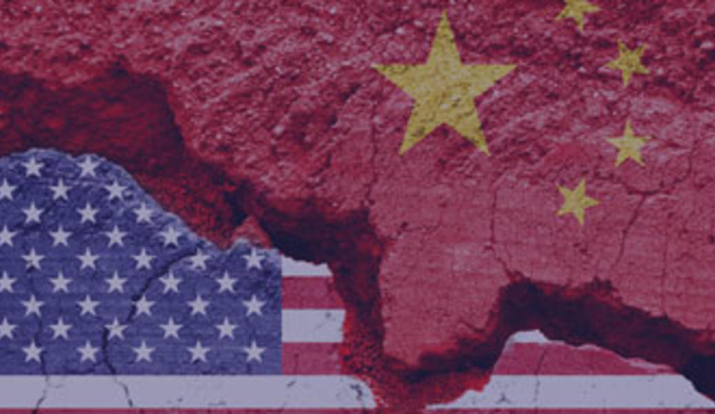 US and China flags superimposed on cracking ground