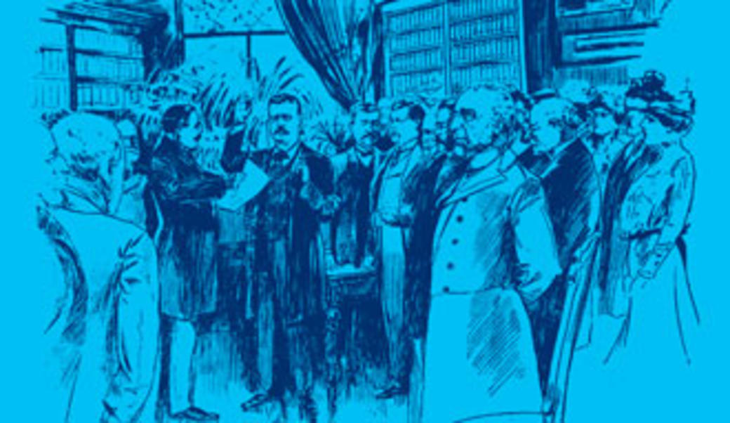 Drawing of Theodore Roosevelt with hand raised