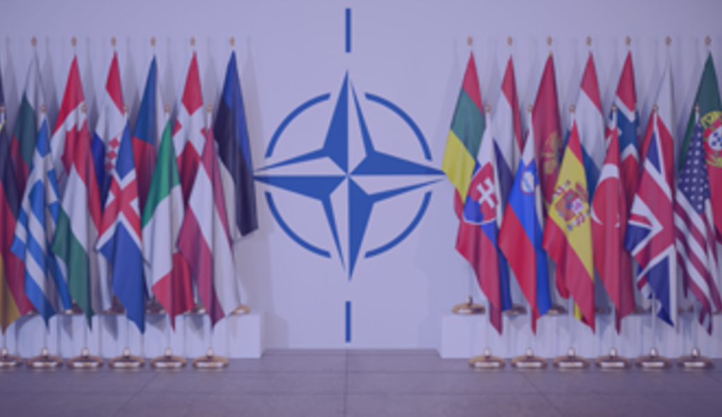 Members of NATO and their flags surround the NATO symbol