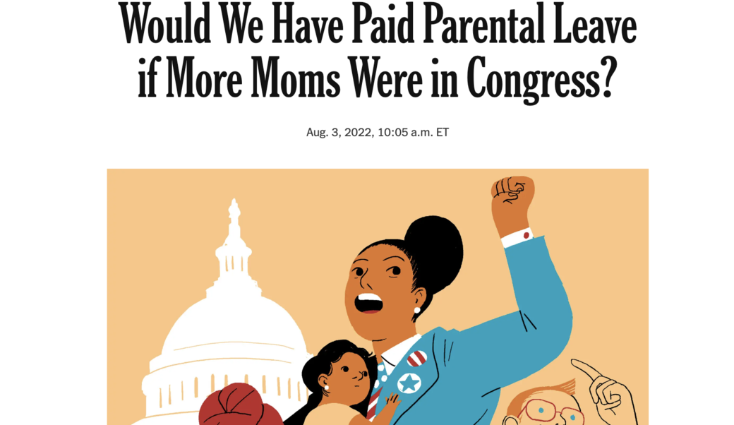 screenshot of headline and illustration of working mom in front of Congress