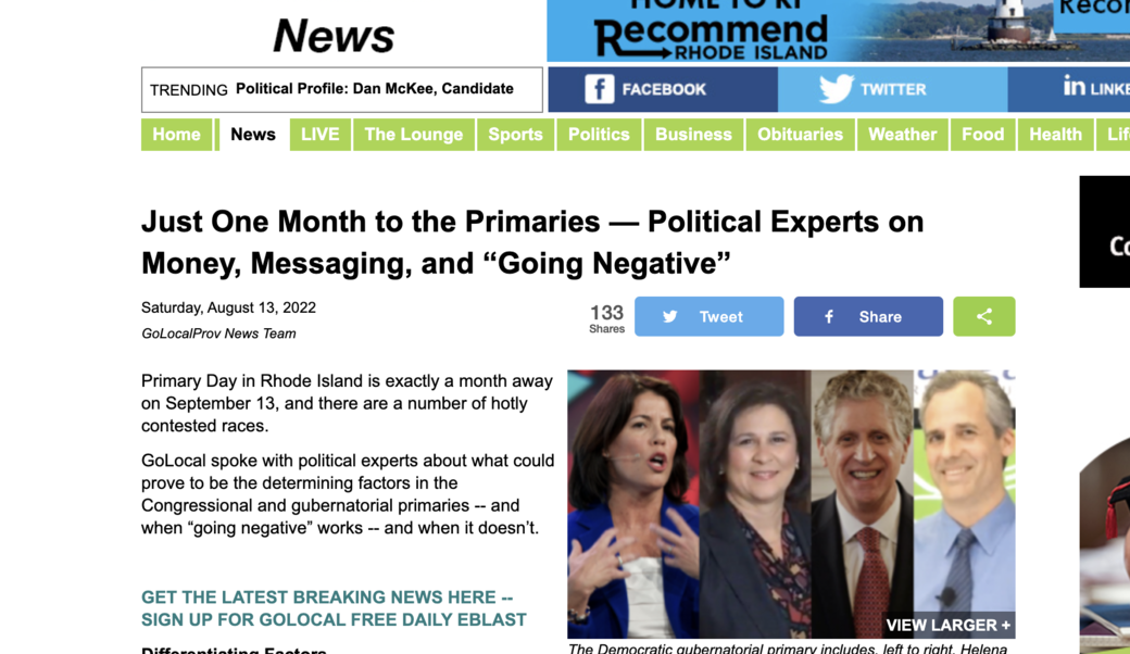 screenshot showing Democratic gubernatorial primary candidates for Rhode Island 