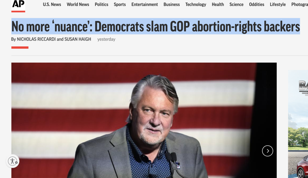 screen shot showing article headline and photograph of Joe O'Dea, Republican nominee for the Senate from Colorado