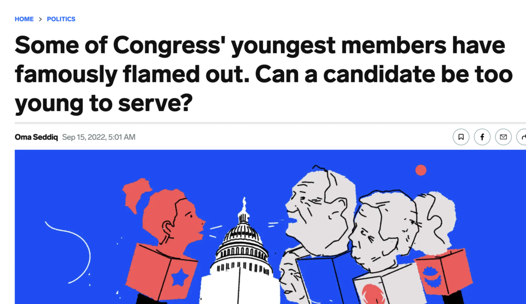 screenshot of article headline and image showing cartoon of older and younger people as talking heads on microphones