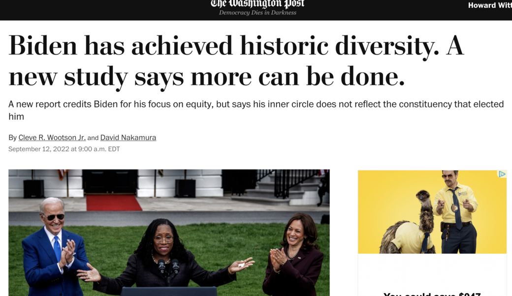 screenshot of article headline and photograph of President Biden and Vice President Harris applauding as Supreme Court Justice Ketanji Brown Jackson delivers remarks after her confirmation by the Senate. (Bill O'Leary/The Washington Post)