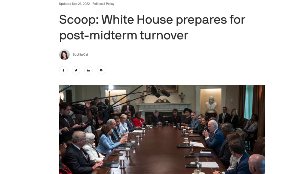 screenshot of Axios article headline and photograph of President Biden speaking at the start of a cabinet meeting in the Cabinet Room of the White House on July 20, 2021 in Washington, DC. Photo: Drew Angerer via Getty Images