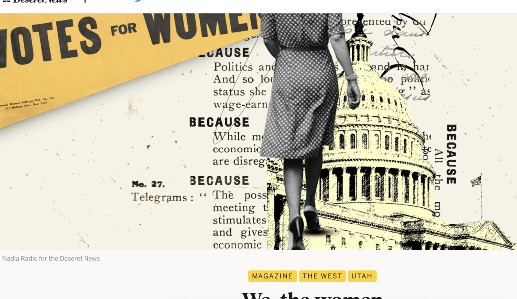 screenshot of Deseret Magazine headline and collaged image of woman and the Capitol building