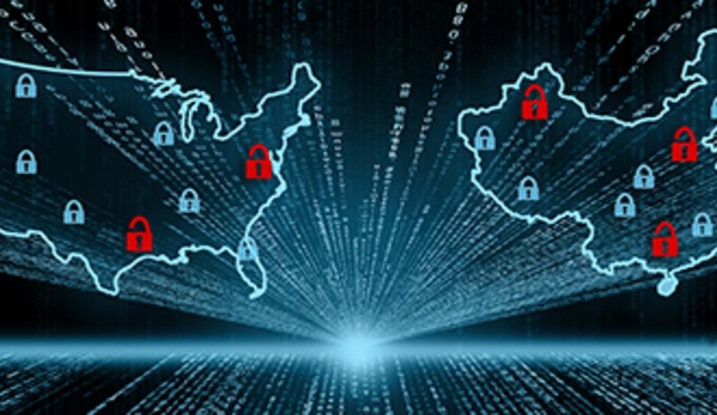 image of US and China maps superimposed by padlocks and streams of data