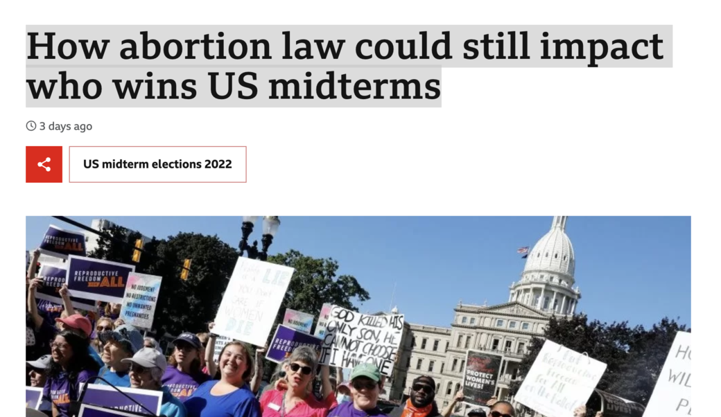 screenshot of article headline and photograph of abortion activists in Michigan campaign for abortion rights ahead of ballot