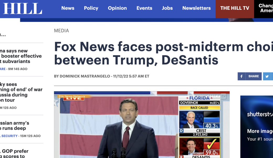 screenshot of article headline and photograph of Ron DeSantis, November 2022