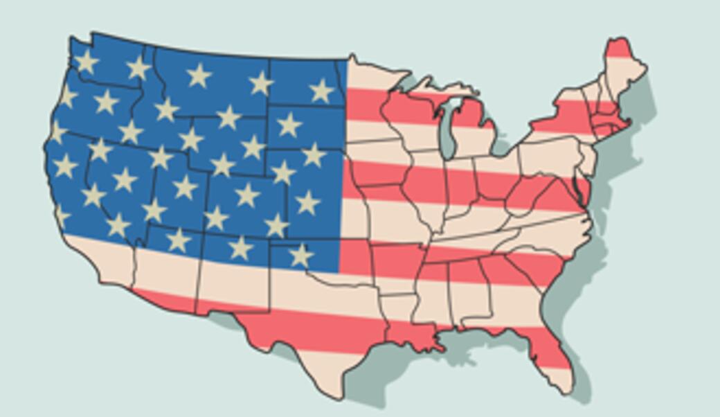 map of United States in flag pattern